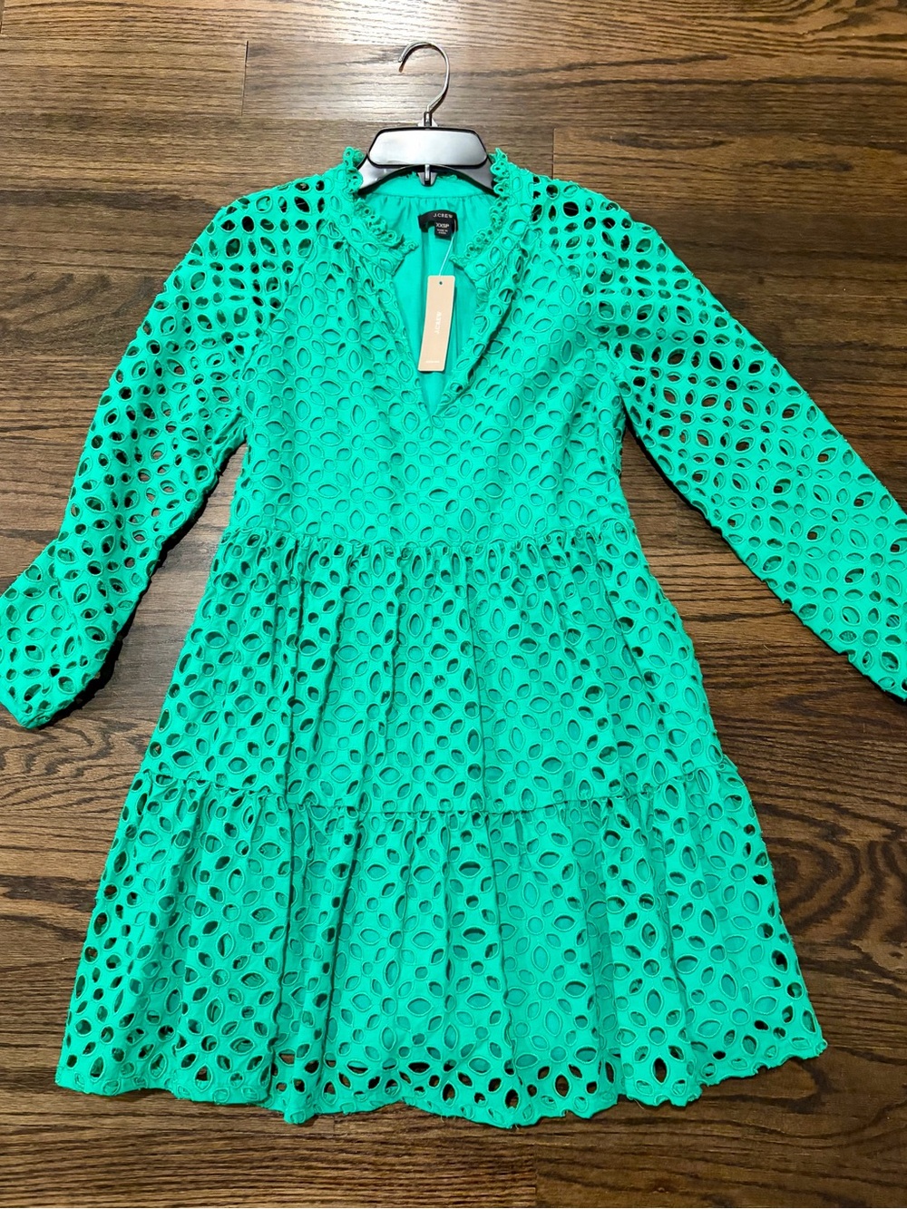 J. Crew Bright Green Eyelet Tiered Long-Sleeve Dress